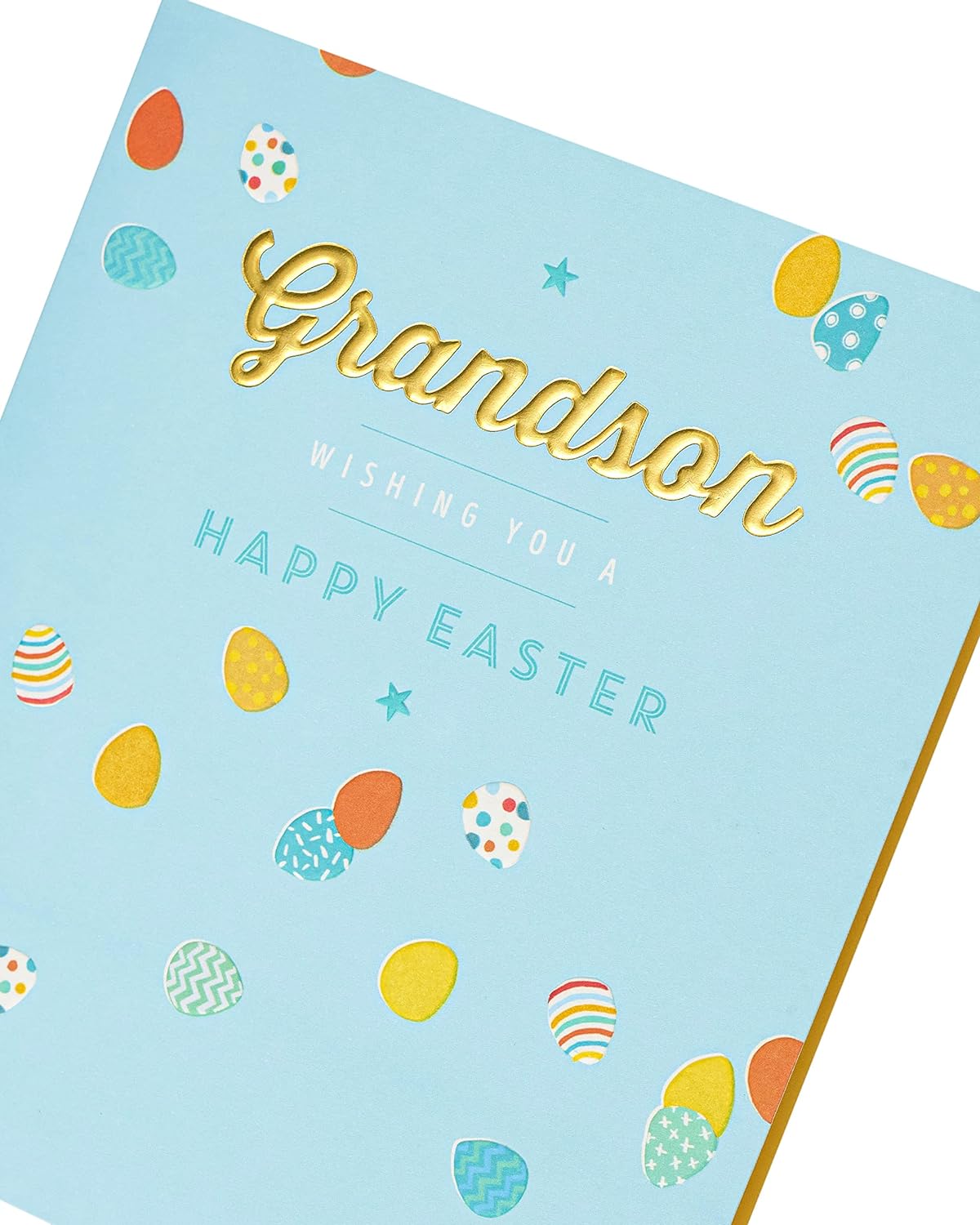 Blue egg design Grandson Easter greeting card with envelope from UK Greetings, featuring colorful Easter-themed artwork.