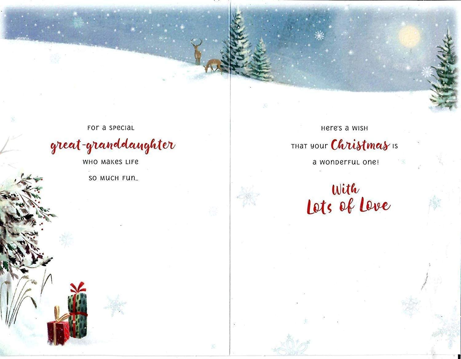 Cute snowman Christmas greeting card for great-granddaughter by UK Greetings, featuring festive holiday design and cheerful imagery.
