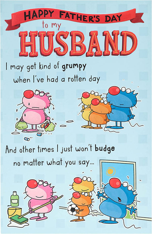 Funny Father's Day greeting card featuring a grumpy husband illustration from UK Greetings, with humorous text on the front.