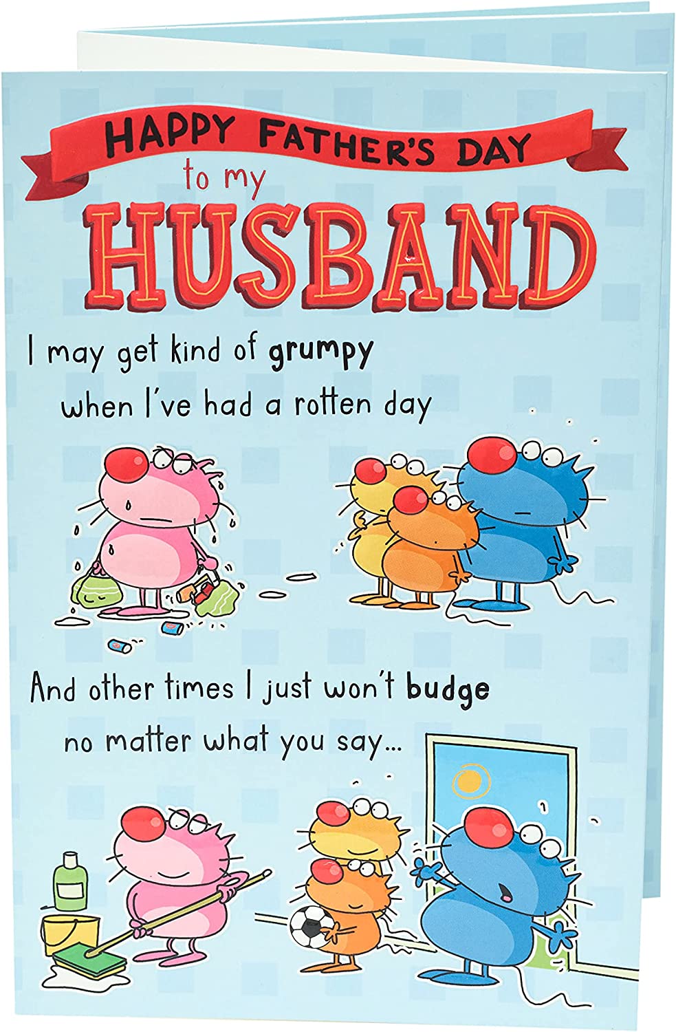 Funny father's day greeting card featuring a grumpy husband illustration from UK Greetings. Perfect for celebrating dads.