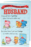 Funny father's day greeting card featuring a grumpy husband illustration from UK Greetings. Perfect for celebrating dads.