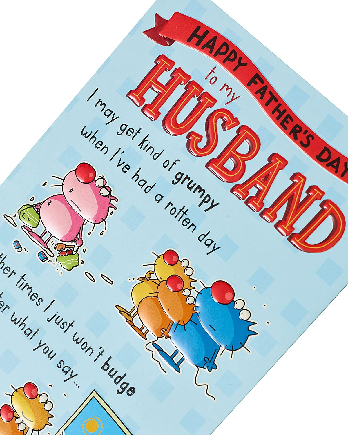 Funny Grumpy Husband Father's Day greeting card from UK Greetings, featuring humorous husband illustration and festive design.