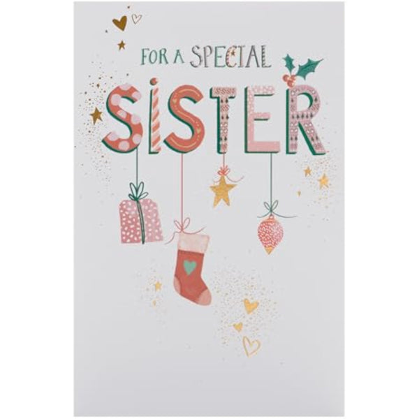 Hanging Christmas ornaments themed greeting card for sister by UK Greetings, featuring festive holiday decorations and heartfelt design.