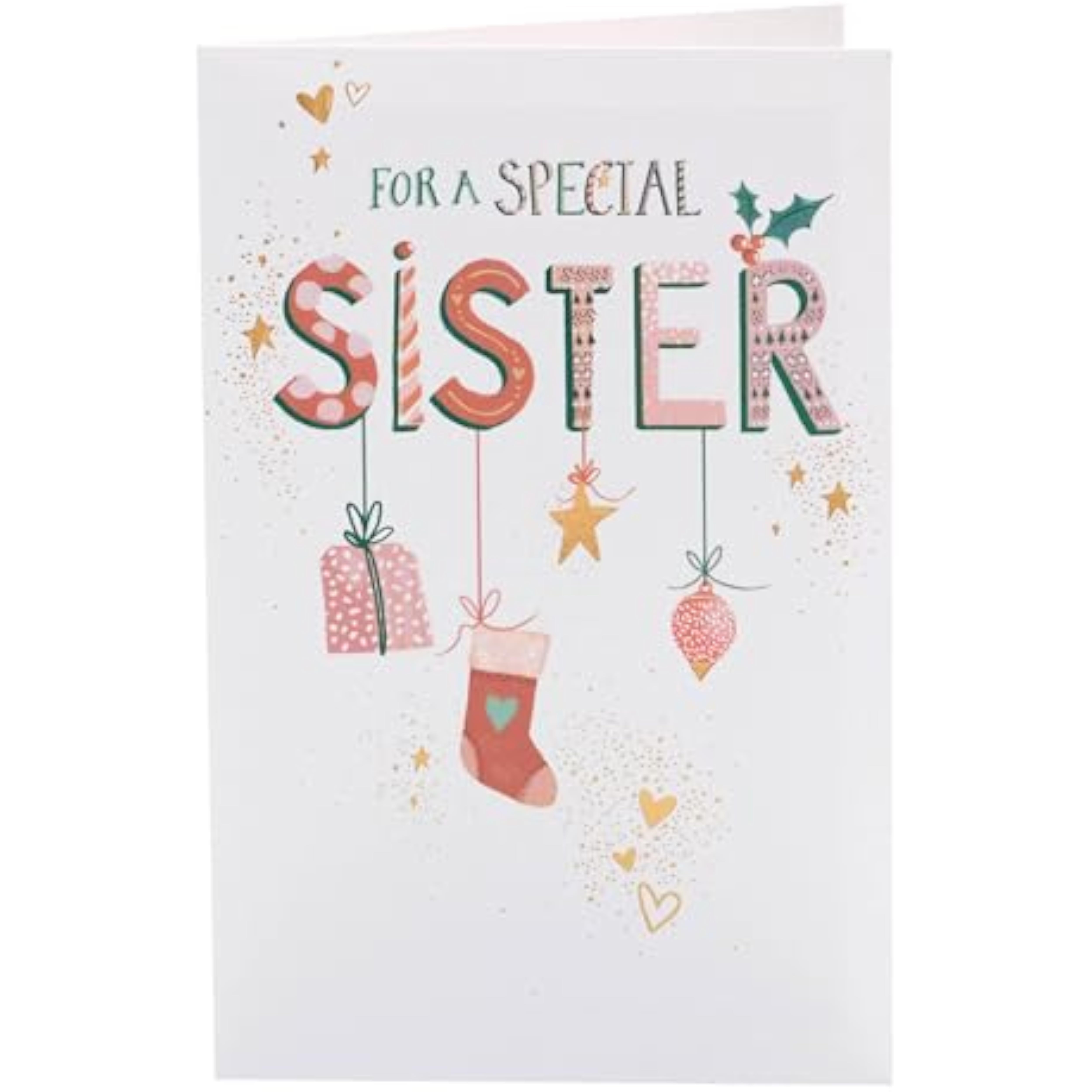 Hanging Christmas ornament themed greeting card for sister by UK Greetings, featuring festive holiday decorations and cheerful design.