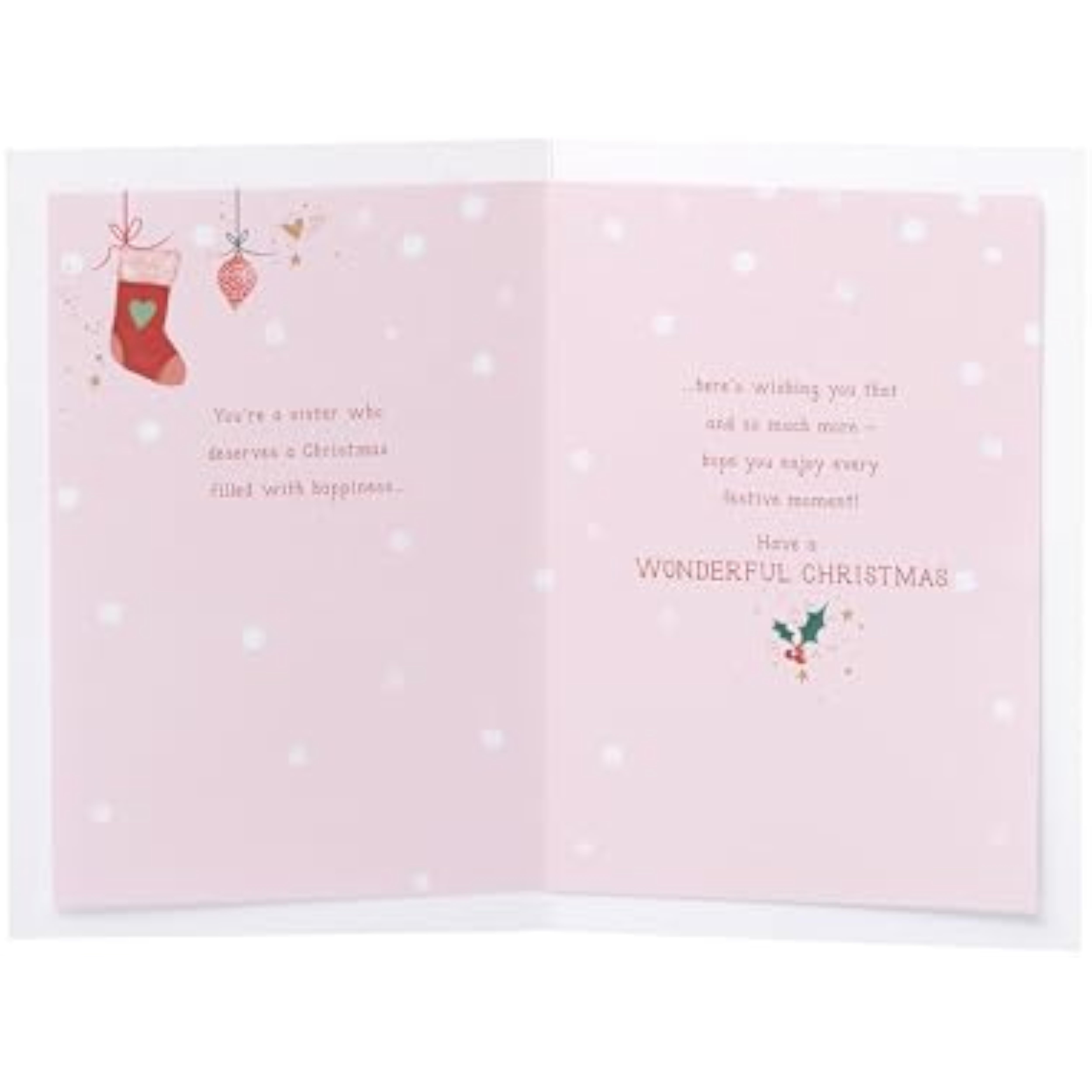 Hanging Christmas ornaments themed greeting card for sister with festive design, UK Greetings holiday card for special occasions