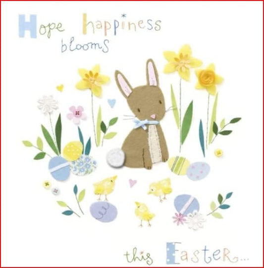 Colorful Happiness Blooms Happy Easter greeting card by UK Greetings with floral embellishments and cheerful design.