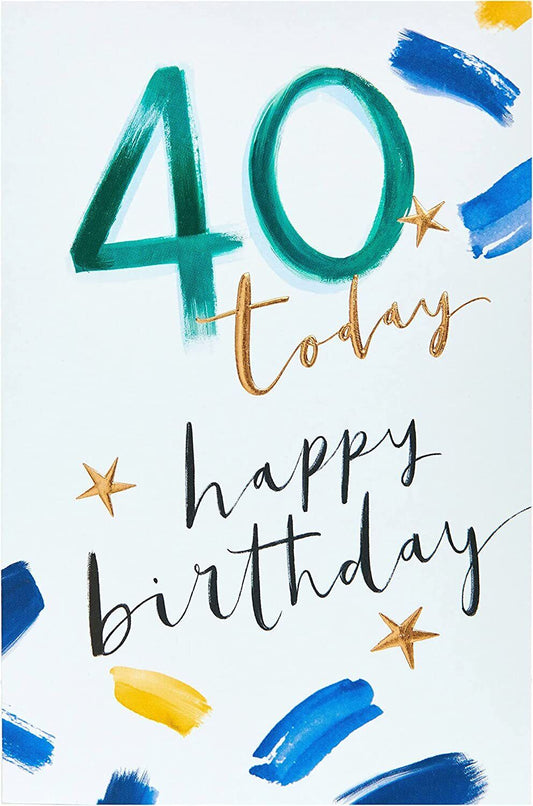 Colorful Happy 40th Festive Brushstroke greeting card with vibrant design, perfect for celebrating a milestone birthday from UK Greetings.