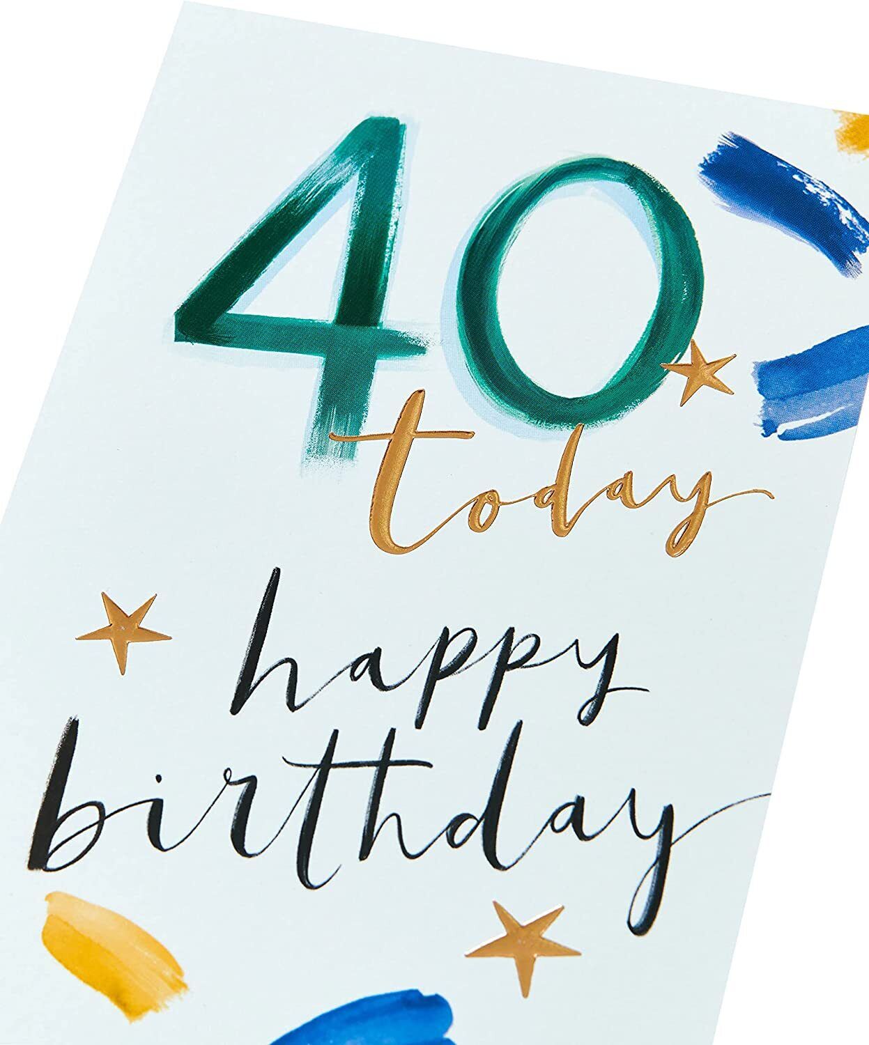 Colorful Happy 40th Festive Brushstroke Card by UK Greetings, featuring vibrant brushstroke design for celebrating milestone birthdays.