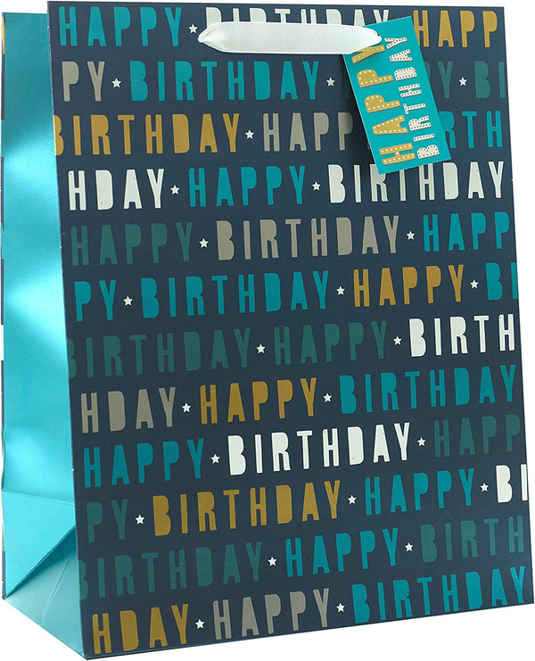 Large blue Happy Birthday gift bag with greeting card design, perfect for celebrating special occasions.