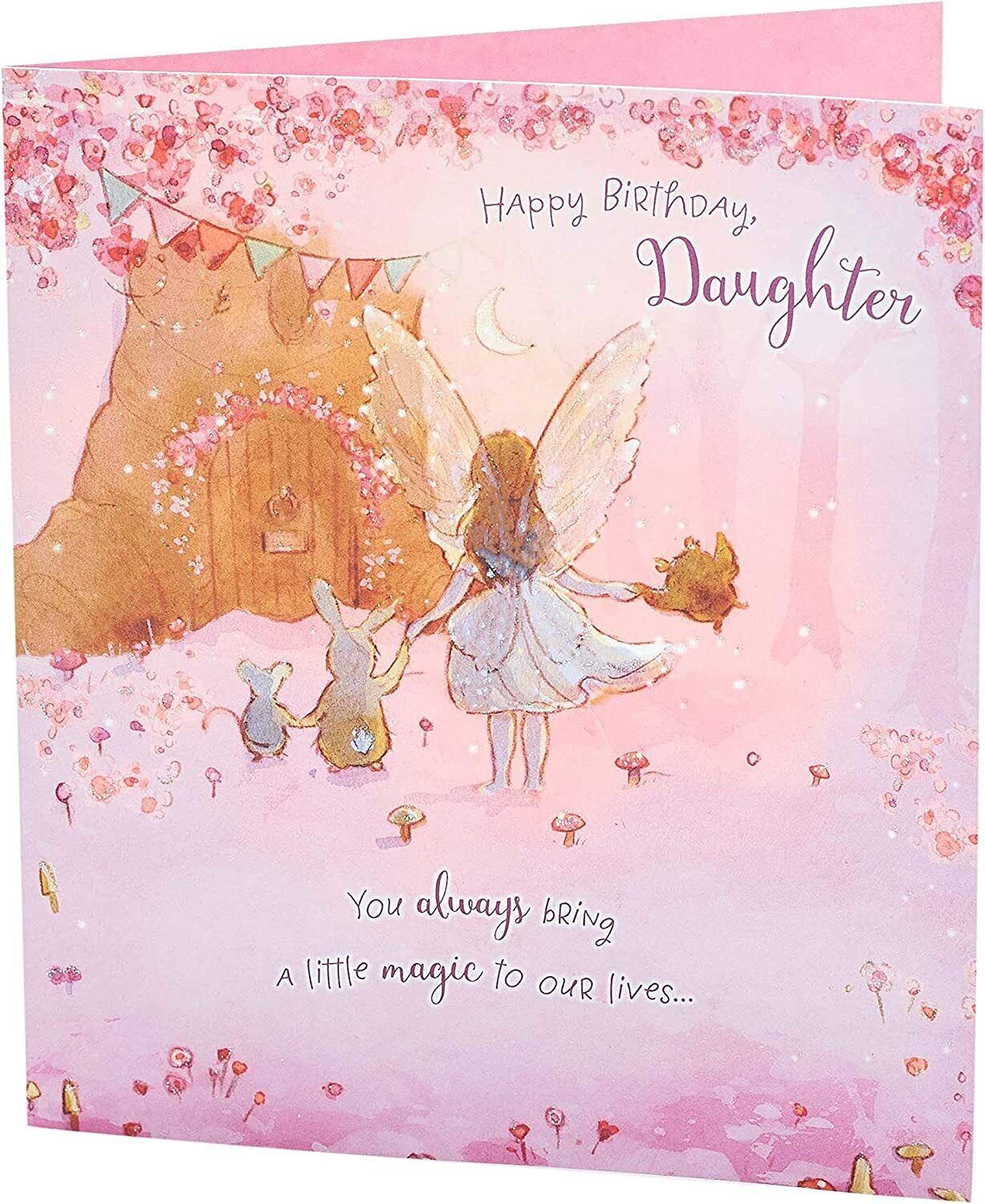 Colorful Happy Birthday Daughter spellbound fairy greeting card with whimsical fairy illustration and cheerful design.