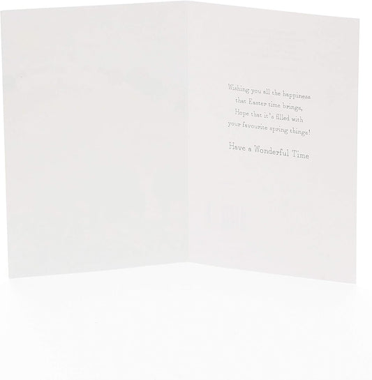 Five UK Greetings Easter greeting cards featuring adorable bunny illustrations in a festive design.