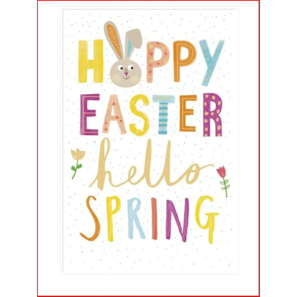 Colorful Happy Easter Hello Spring greeting card from UK Greetings featuring floral and spring-themed designs.