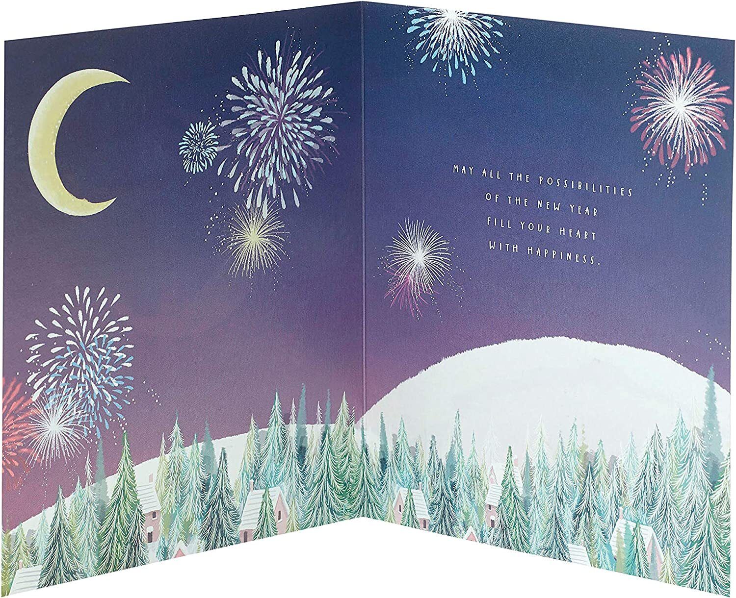Happy New Year greeting card with vibrant firework design from UK Greetings, featuring colorful fireworks on a celebratory background.