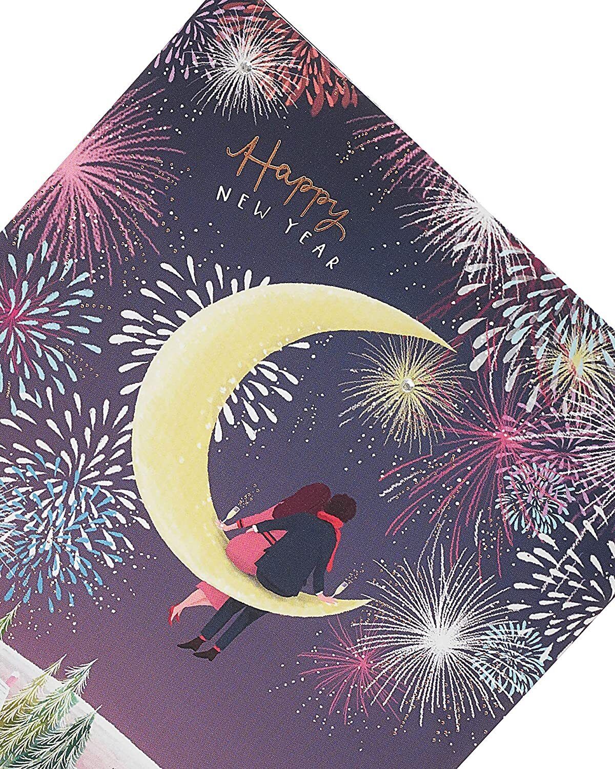 Beautiful firework design greeting card for New Year celebrations, showcasing vibrant colors and festive imagery.