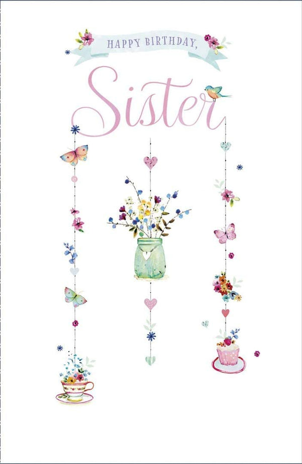 Heartfelt Sister Birthday Card with glitter wishes from UK Greetings, featuring colorful floral and heartfelt message design.