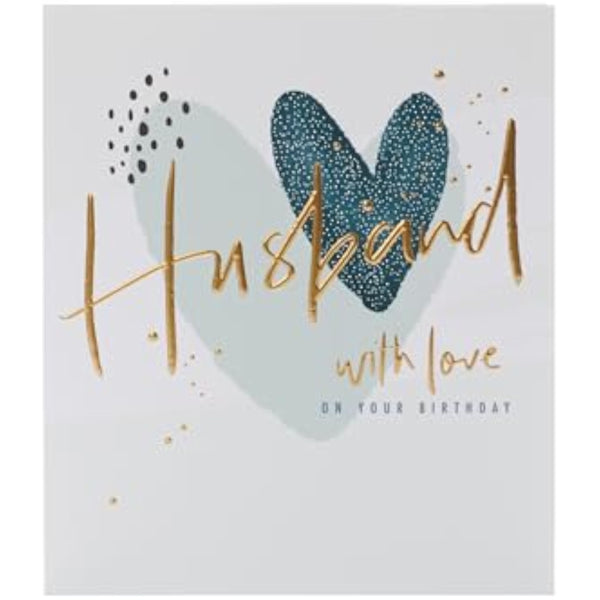 Hearts design husband birthday greeting card by UK Greetings featuring romantic heart illustrations and heartfelt message inside.