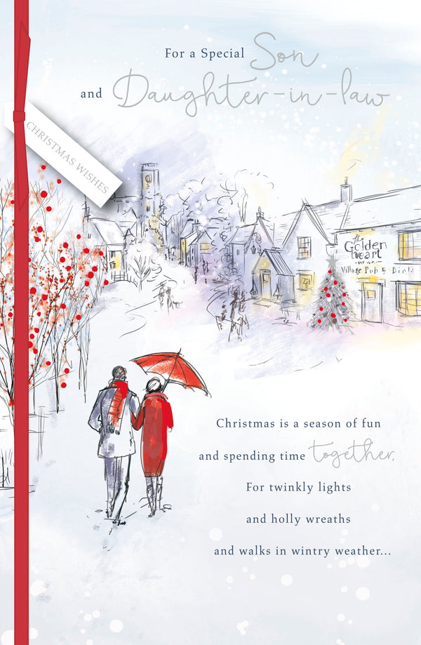 UK Greetings greeting card featuring a heartwarming village pub scene, ideal for sons and daughters-in-law.