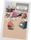 Funny age-themed birthday greeting card featuring humorous jokes, designed by UK Greetings, with colorful and playful illustrations.