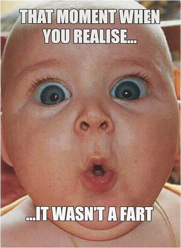 Funny baby meme birthday greeting card by UK Greetings featuring humorous baby image on a cheerful card design.
