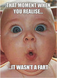 Funny baby meme birthday greeting card by UK Greetings featuring humorous baby image on a cheerful card design.