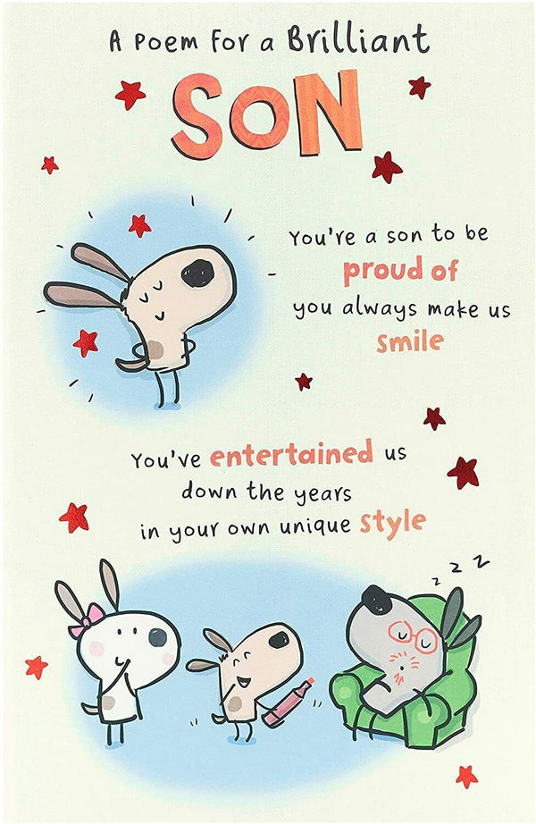 Funny greeting card for a brilliant son’s birthday featuring a humorous poem, by UK Greetings, with colorful design and cheerful imagery.