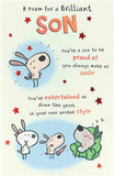 Funny greeting card for a brilliant son’s birthday featuring a humorous poem, by UK Greetings, with colorful design and cheerful imagery.