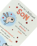 Humorous greeting card for a brilliant son's birthday from UK Greetings, featuring a playful poem and colorful design.