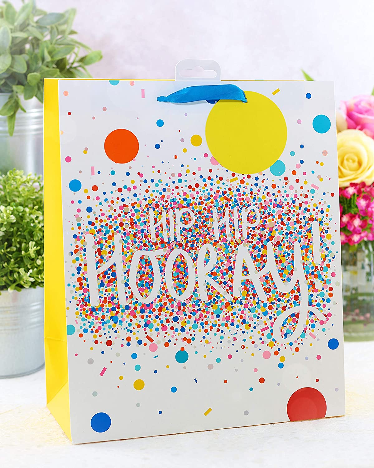 Large celebration gift bag with "Hip Hip Hooray" greeting, featuring colorful party designs, from UK Greetings.