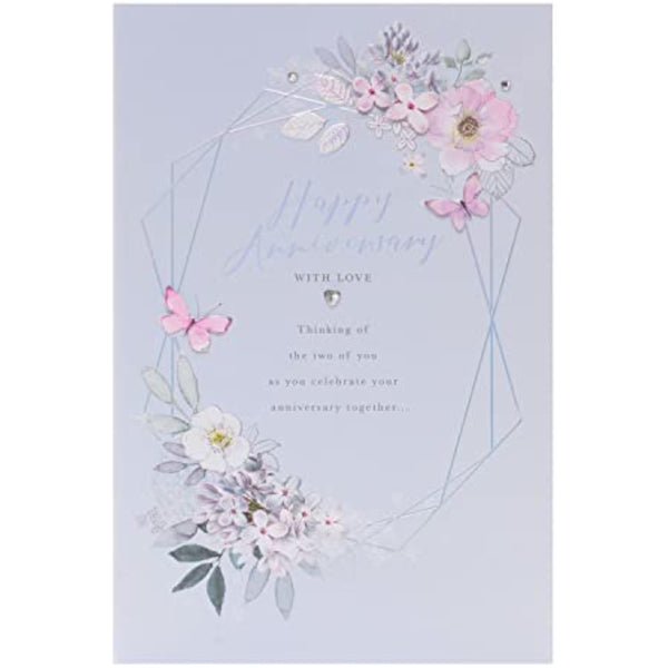 Holographic floral anniversary greeting card from UK Greetings with colorful floral design and shiny holographic accents.