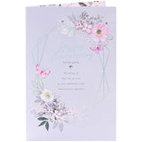Holographic floral anniversary greeting card with shimmering floral design, UK Greetings brand, suitable for celebrating special occasions.