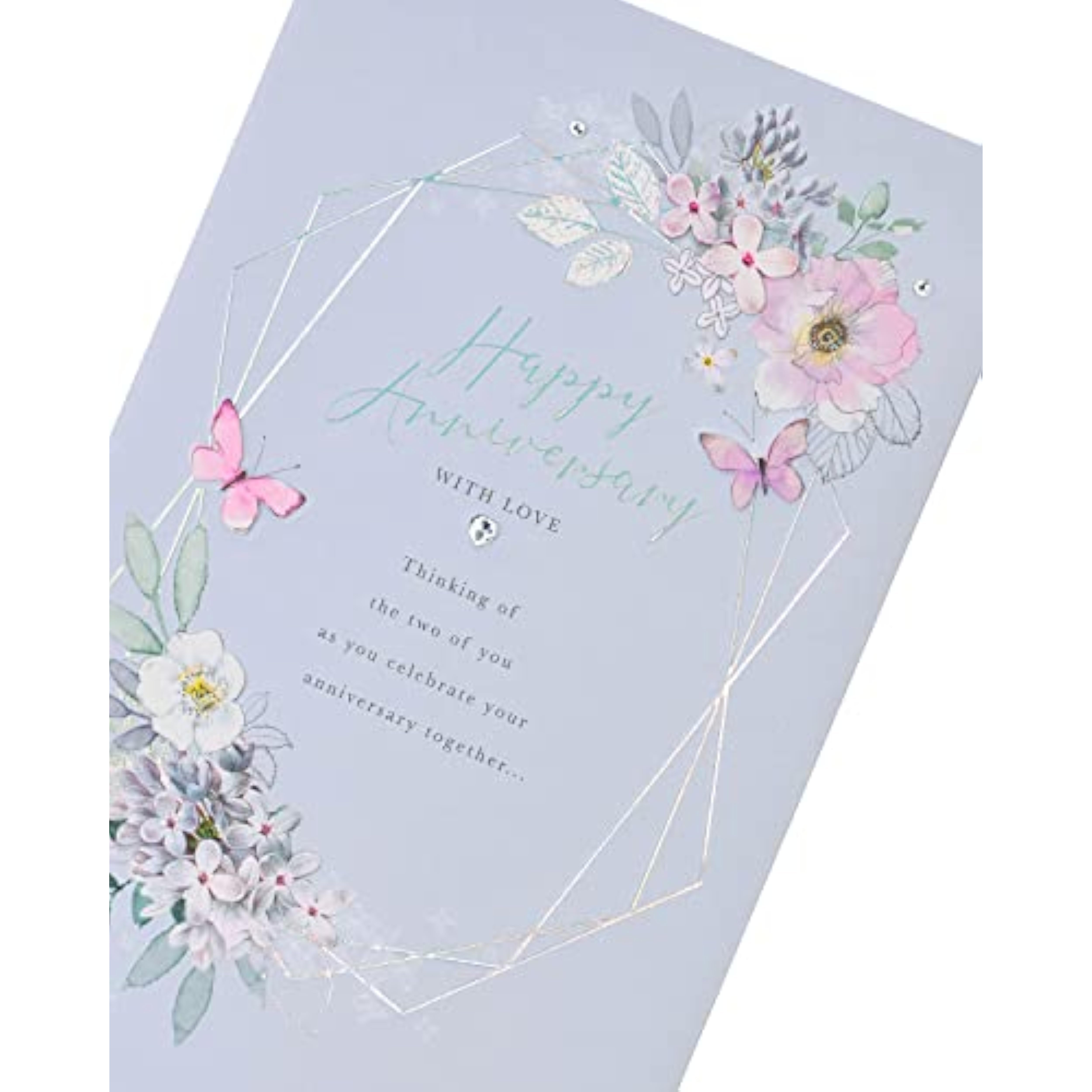 Holographic floral anniversary greeting card by UK Greetings with shimmering floral design and elegant message.