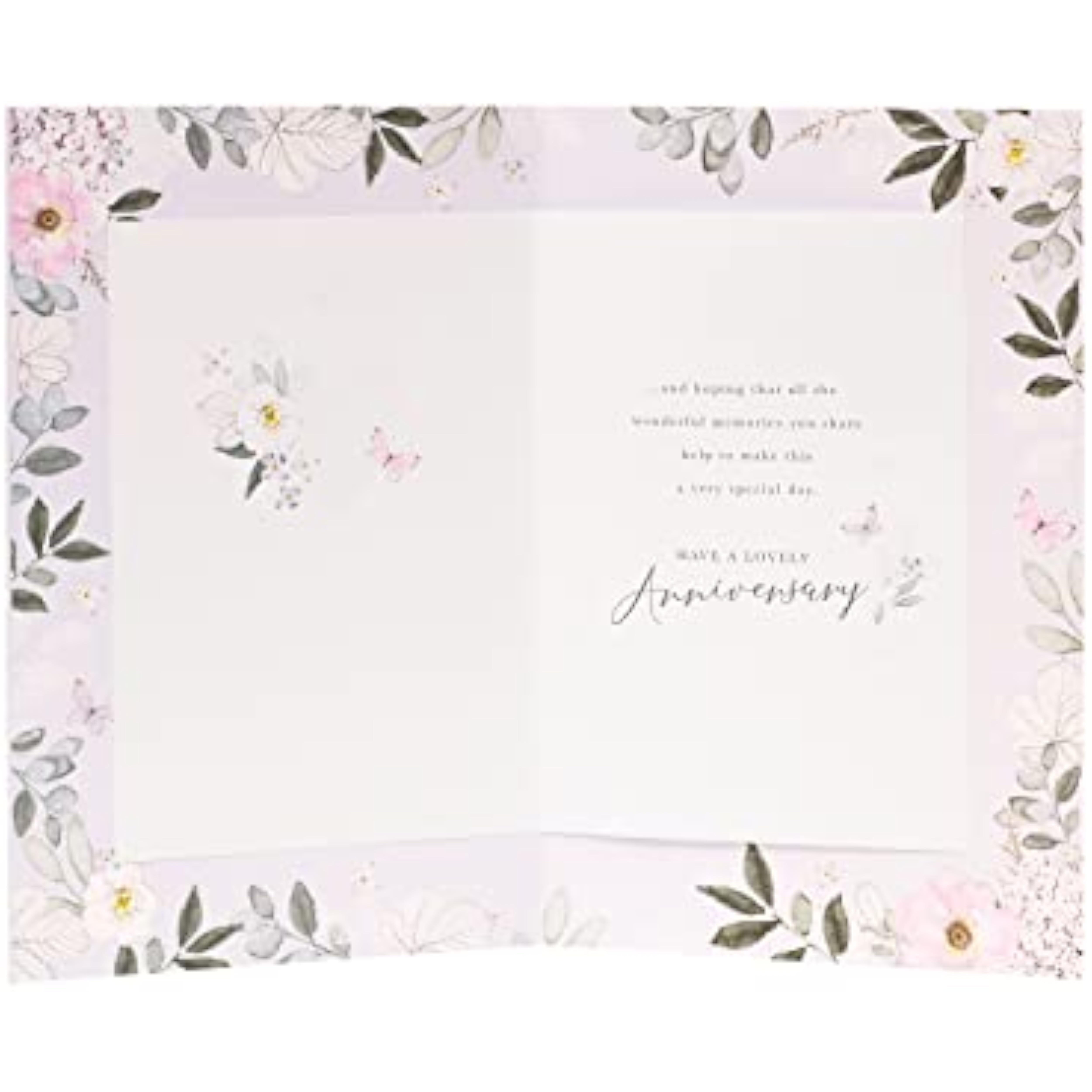 Holographic floral anniversary greeting card by UK Greetings with shimmering floral design and elegant message.