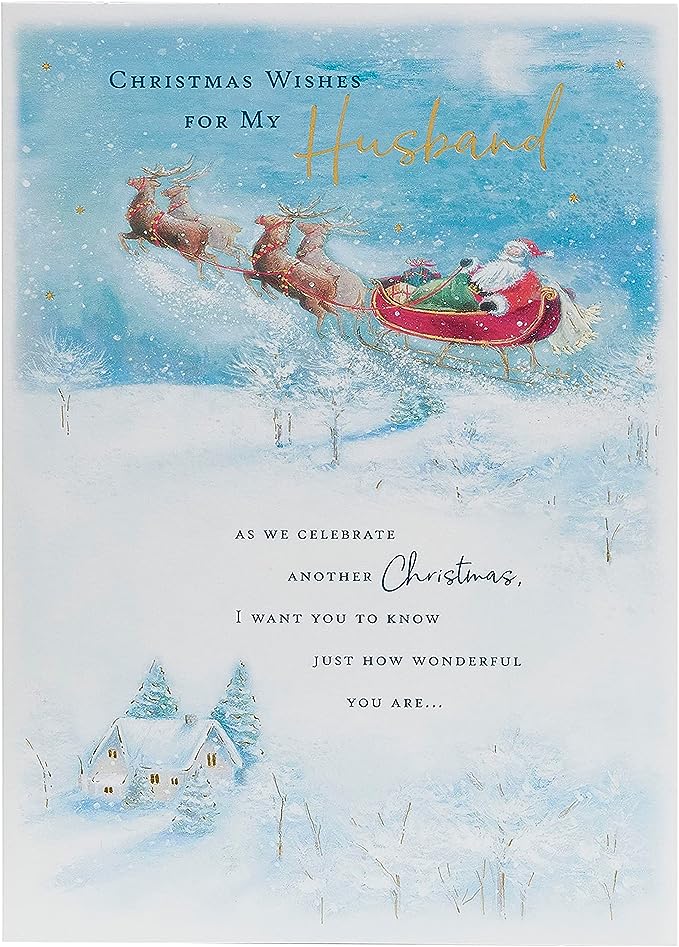 Husband Christmas greeting card featuring Santa in a sleigh with festive holiday design by UK Greetings.