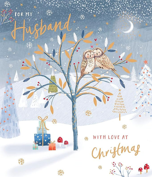 Husband Christmas greeting card with gold foiled owls, featuring festive holiday design and heartfelt message from UK Greetings.