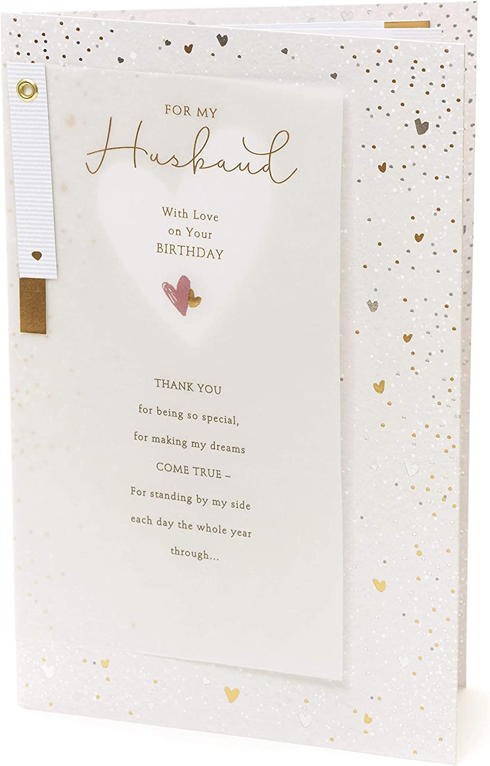 Front of UK Greetings Husband and Dad birthday greeting card with cheerful design and heartfelt message inside.
