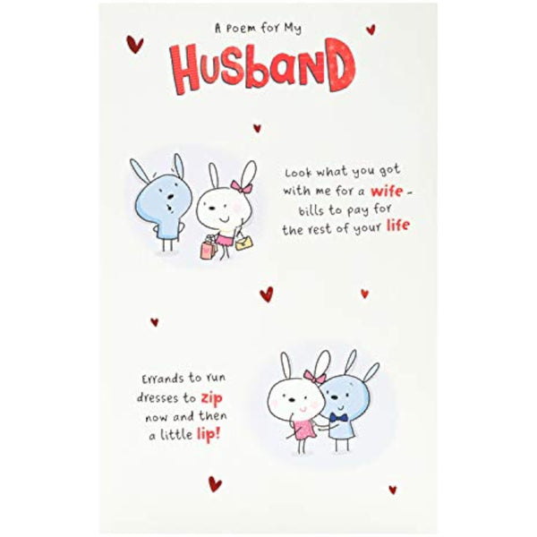 Husband Valentine's Day greeting card featuring a cute bunny design and heartfelt poem, ideal for expressing love to your husband.