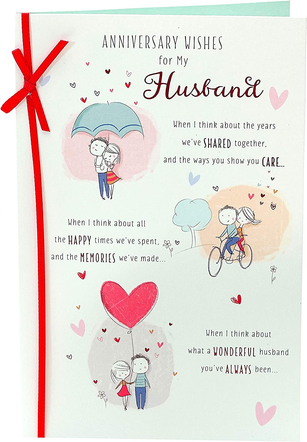 Red wedding anniversary greeting card with a red ribbon design by UK Greetings, featuring love-themed illustrations.