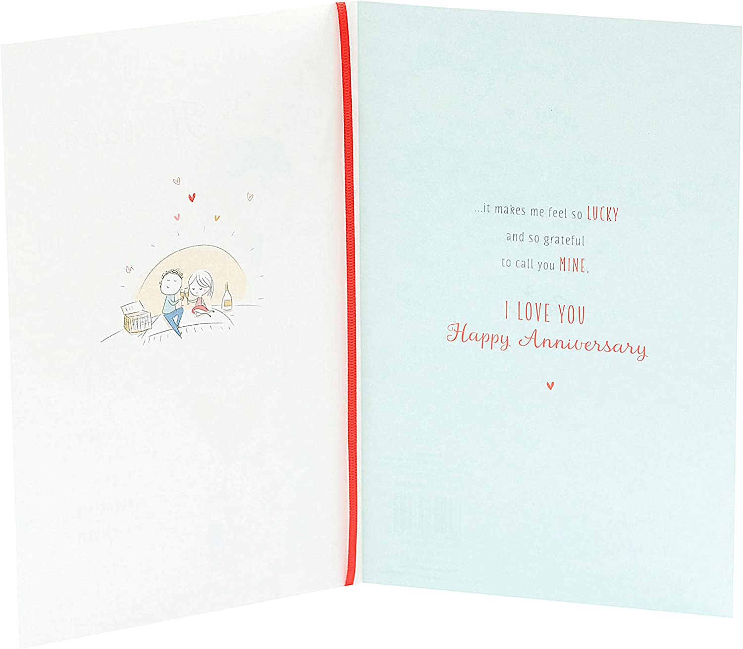 Wedding anniversary greeting card from UK Greetings featuring a red ribbon love design with heartfelt message.