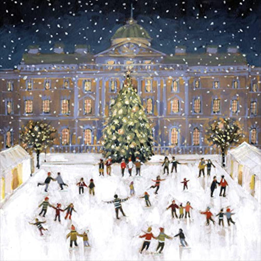 Whimsical winter scene on a Christmas greeting card featuring ice skating, festive decorations, and holiday cheer from UK Greetings.