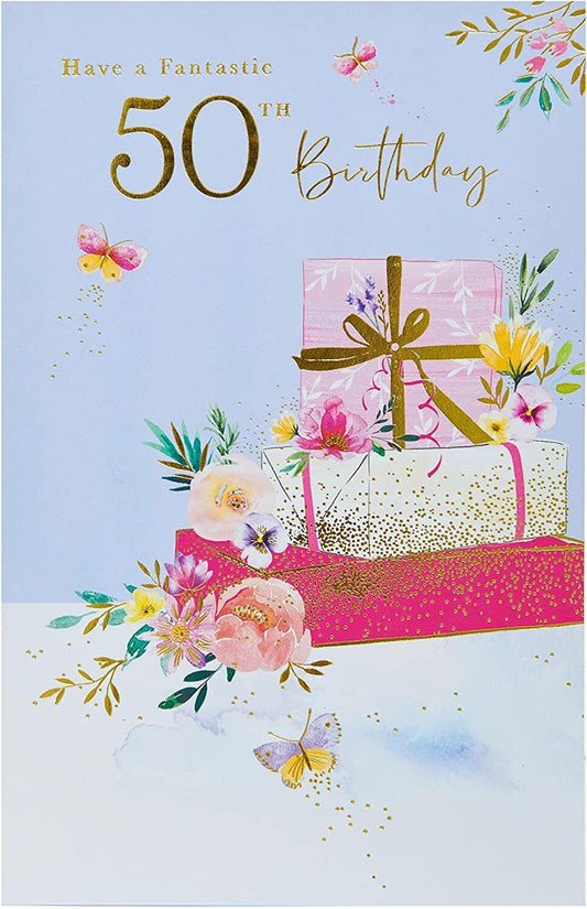 UK Greetings 50th birthday greeting card featuring festive design and personalized message for milestone celebration.