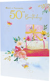 UK Greetings 50th birthday greeting card featuring festive design for celebrating a 50th birthday.