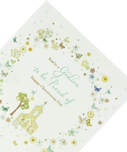Integrated Blessings Christening Godson greeting card by UK Greetings, featuring religious artwork and heartfelt message for godson.