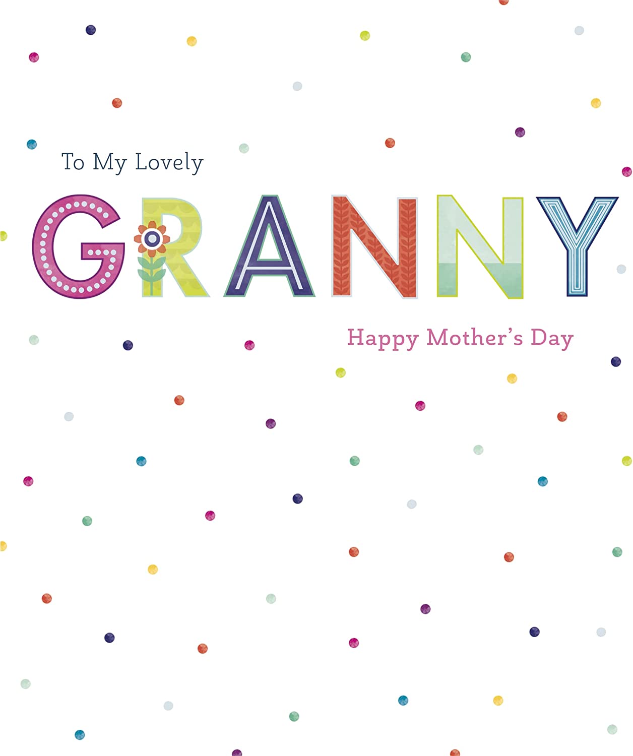 UK Greetings Integrated-Granny 50 greeting card featuring a colorful floral design and heartfelt message for special occasions.