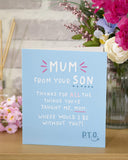 UK Greetings integrated mum from son greeting card with heartfelt message, featuring a colorful, artistic design.