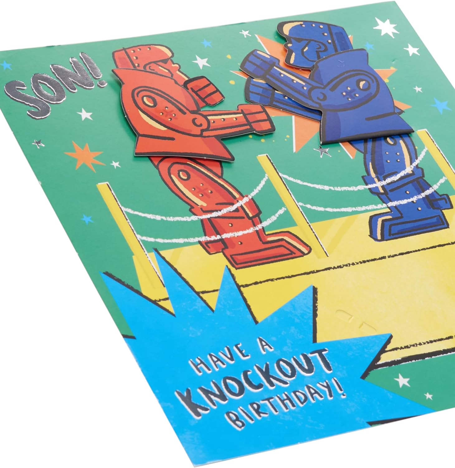 Interactive Rock 'em Sock 'em Design Son birthday greeting card with colorful robot illustrations and playful details.