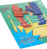 Interactive Rock 'em Sock 'em Design Son birthday greeting card with colorful robot illustrations and playful details.