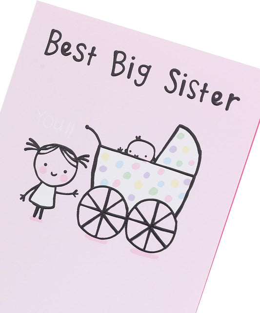 Joyful UK Greetings Big Sister Congratulations Card with colorful design, perfect for celebrating new sibling arrival.
