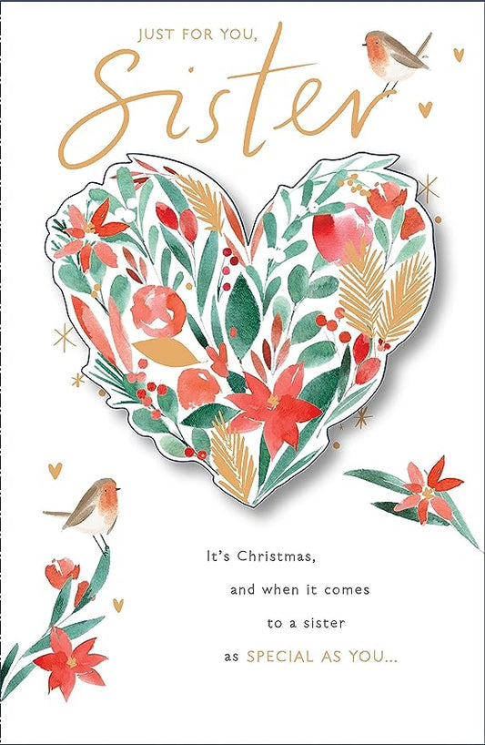 Gold foiled heart Christmas greeting card for sister, featuring festive holiday design by UK Greetings.