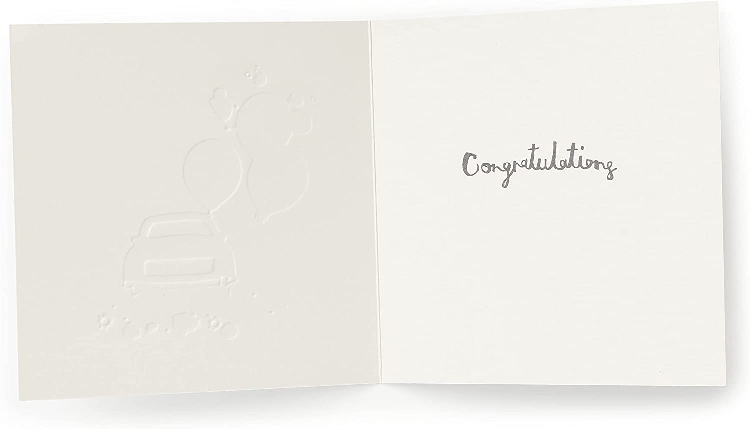 Wedding congratulations greeting card with "Just Married" car design by UK Greetings, featuring colorful wedding-themed illustrations.