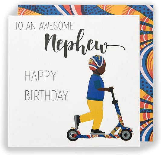 Colorful greeting card featuring "Awesome Nephew" message from Kindred X Afrotouch collection by UK Greetings, perfect for birthdays.